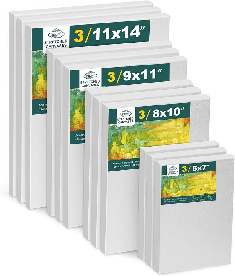 Inburit 12 Pack Canvas for Painting with 11x14, 9 x12, 8x10, 5x7 (3 of Each) Blank Primed Stretched Canvases for Oil, Acrylic & Others, Multi Size Set for Artist, Student and Beginners - Image 1
